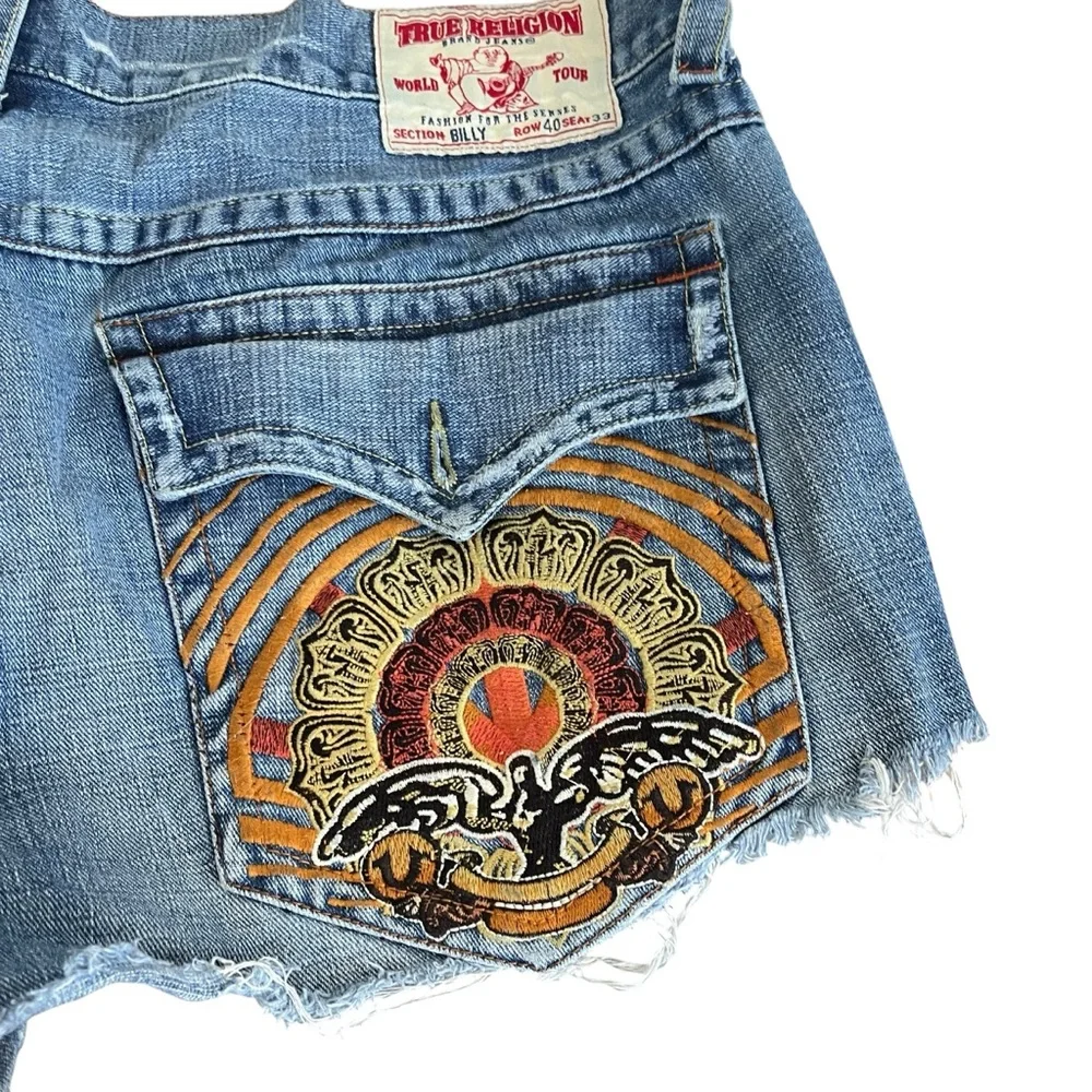 Vintage True Religion Billy Cutoff Jean Shorts Embroidered Boho USA Mens Size 40